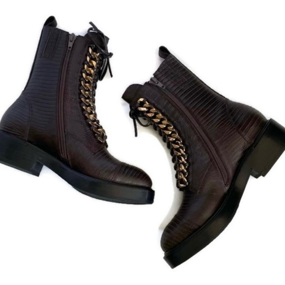 JEFFREY CAMPBELL Size 7 Damon Snakeskin Embossed Brown Lizard Gold Combat Boot - Picture 7 of 12